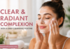 Woman following a deep cleansing skincare routine for clear and radiant skin with facial cleansing products and glowing complexion.