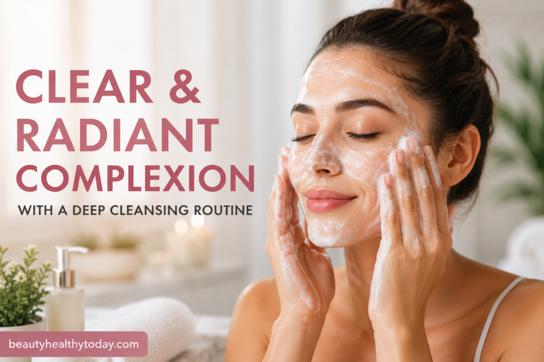 Achieving a Clear and Radiant Complexion with a Deep Cleansing Routine Woman following a deep cleansing skincare routine for clear and radiant skin with facial cleansing products and glowing complexion.