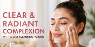 Woman following a deep cleansing skincare routine for clear and radiant skin with facial cleansing products and glowing complexion.