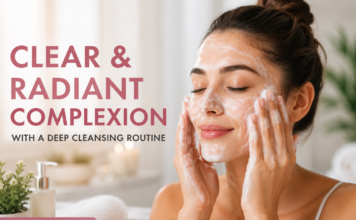 Woman following a deep cleansing skincare routine for clear and radiant skin with facial cleansing products and glowing complexion.