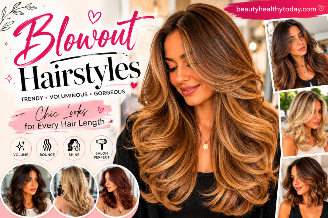 Beautiful blowout hairstyle featuring voluminous, smooth, and bouncy hair with a salon-quality finish.