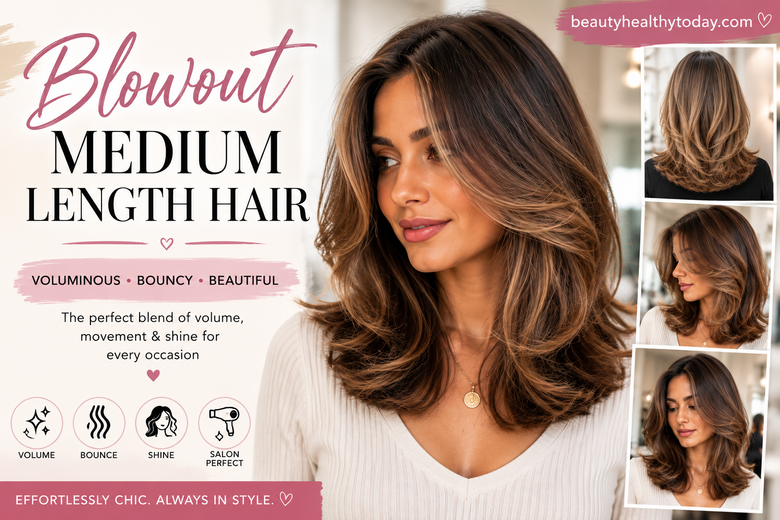Woman with a medium-length blowout hairstyle featuring soft layers, bouncy volume, smooth texture, and salon-perfect shine.