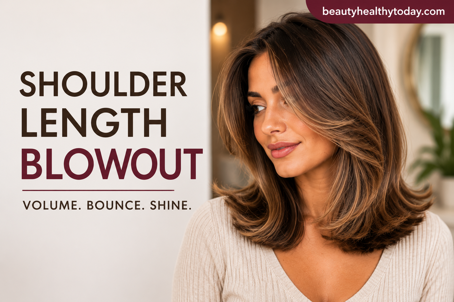 Woman with a shoulder-length blowout hairstyle featuring soft layers, voluminous movement, smooth texture, and glossy salon-finished hair.