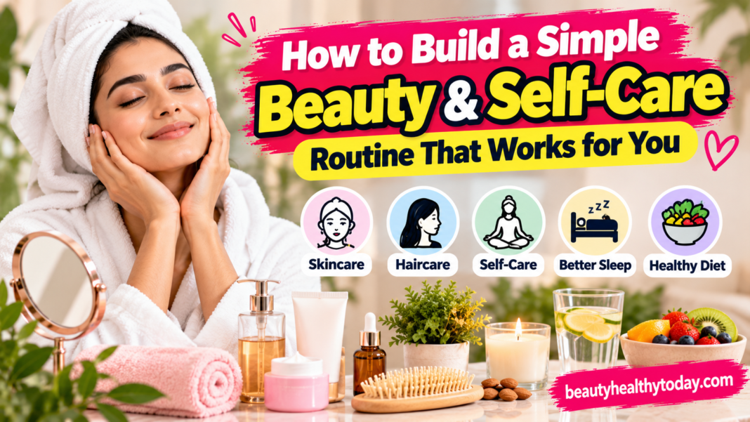 Simple beauty and self-care routine featuring skincare products, haircare essentials, and wellness items