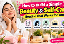 Simple beauty and self-care routine featuring skincare products, haircare essentials, and wellness items