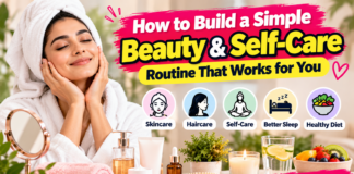 Simple beauty and self-care routine featuring skincare products, haircare essentials, and wellness items