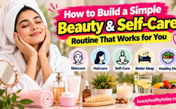Simple beauty and self-care routine featuring skincare products, haircare essentials, and wellness items